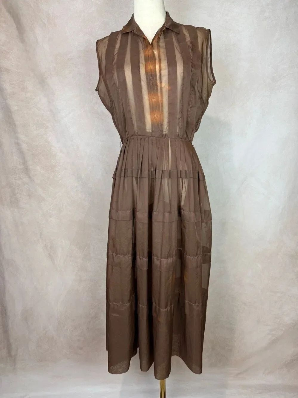 Vintage 1950s Sheer Brown Organza Shirtwaist Dress Full Skirt Sz S/M READ